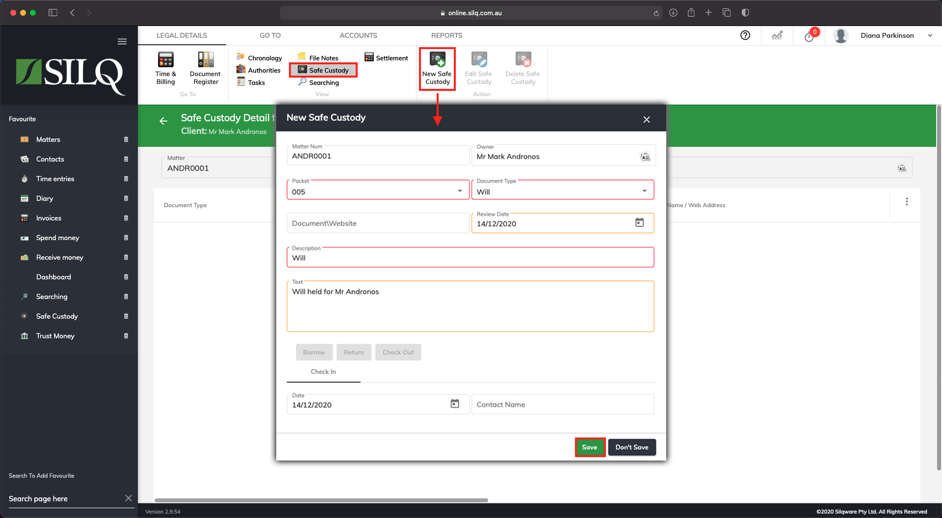 Adding a safe Custody Item from the Legal details window